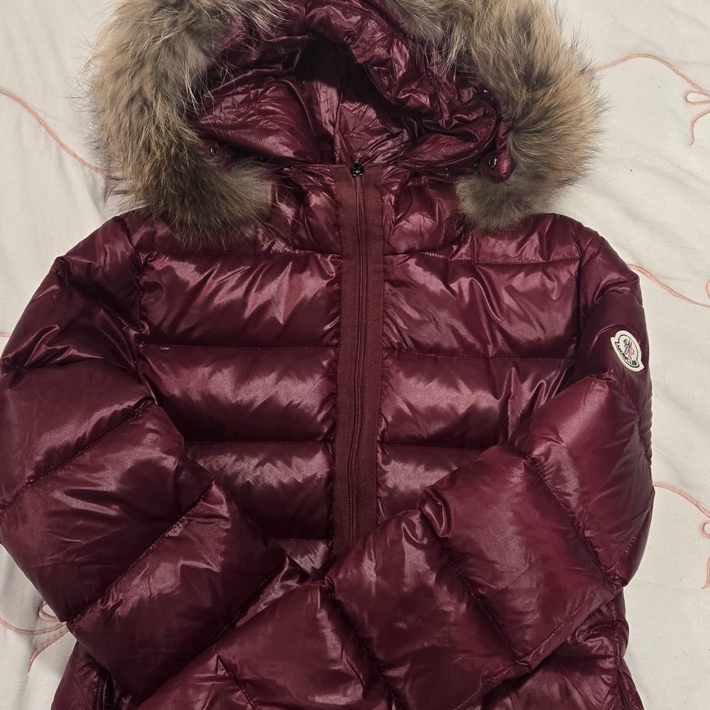 Moncler Burgundy Puffer Jacket with Faux Fur Hood